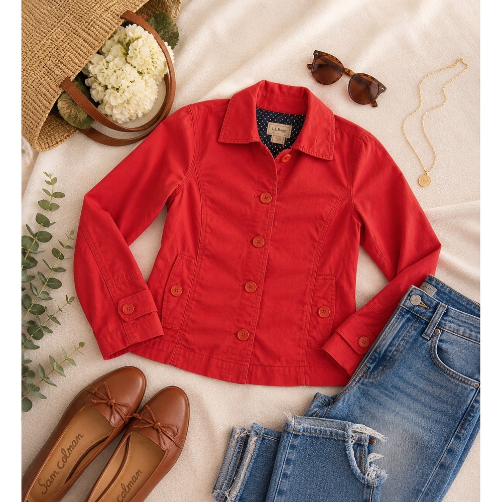 LL Bean Womens Red Nautical Anchor Button Front Jacket Petite M Polka Dot Lining